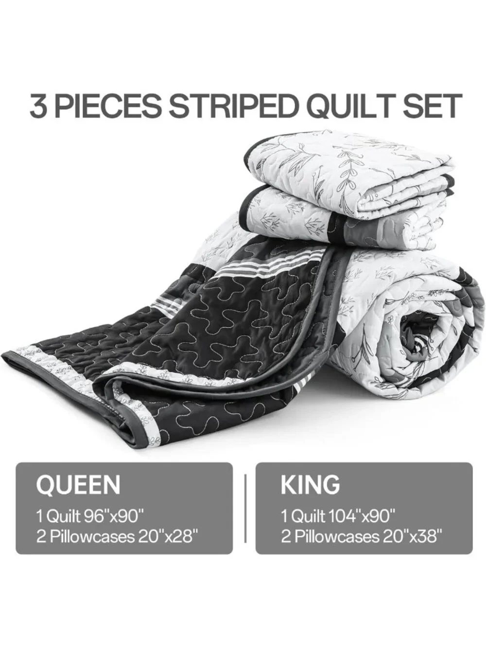 Boho Black Striped Queen Quilt Set, Lightweight Patchwork Bedspread & 2